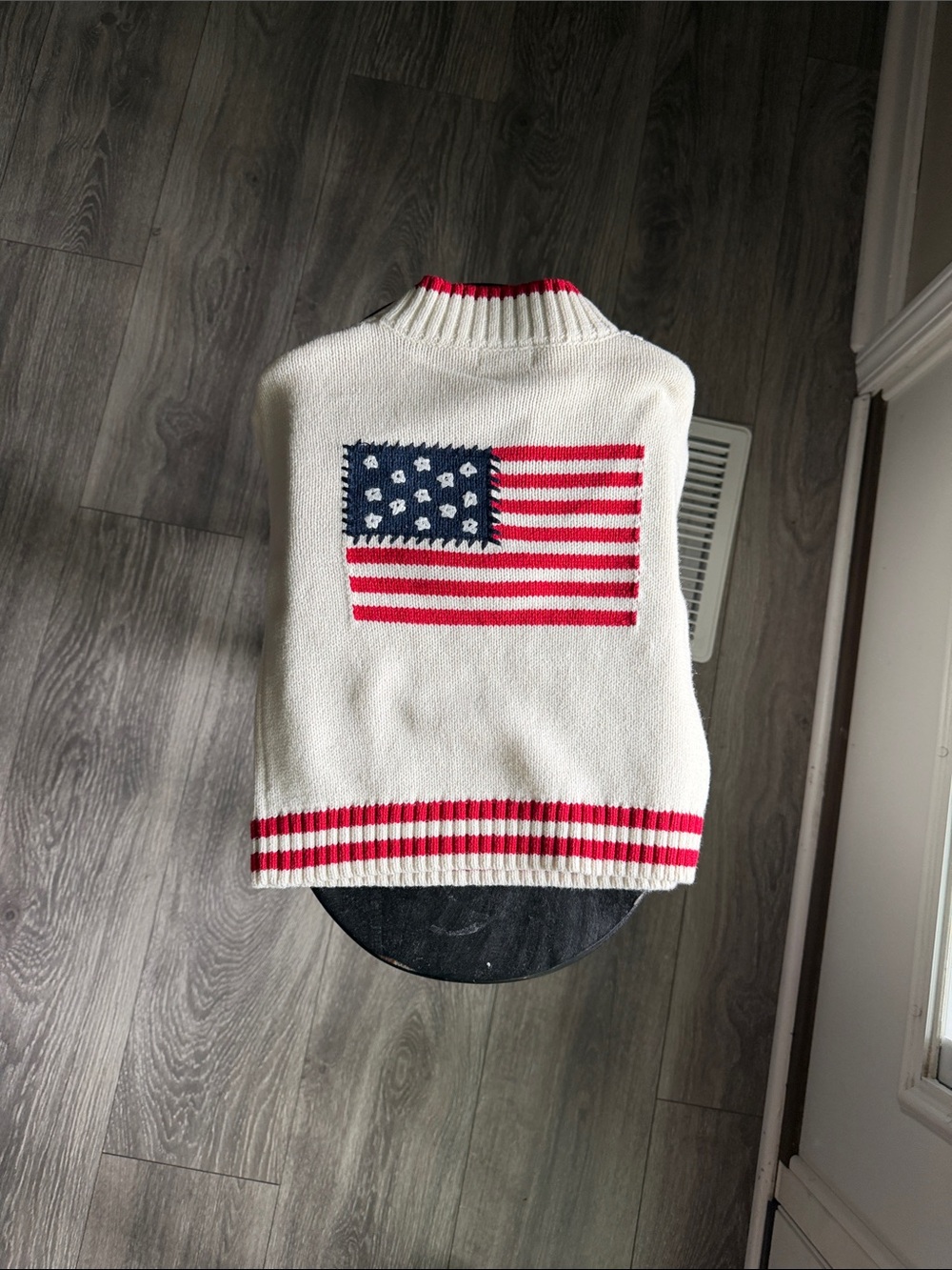 Kids White Crewneck Sweater with American Flag Knit